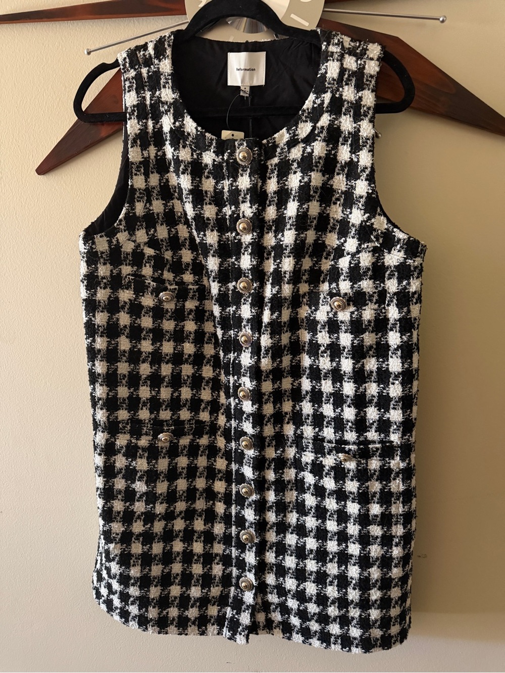 Reformation Tropez Black and White Houndstooth Tweed Vest Dress
